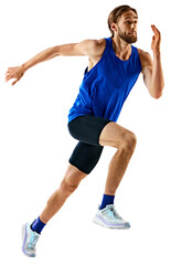 Dynamic image of competitive and forced man, muscular runner in motion, training isolated on...
