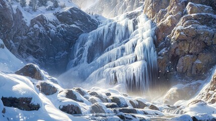Frozen Waterfall in a Mountainous Winter Landscape