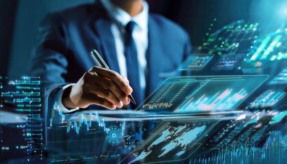 Fototapeta premium Businessman working with digital charts and graphs on a futuristic interface.