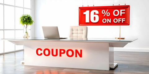 3D Glossy Business Desk with Floating Coupon Codes - Modern Retail Promotion Design for Discounts and Special Offers on Isolated White Background