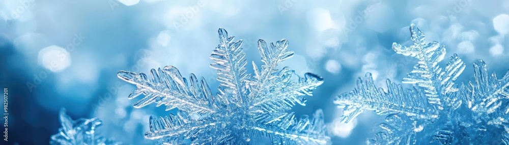 Poster A close-up of a delicate snowflake against a soft blue background, capturing the beauty of winter and the intricate patterns of ice.
