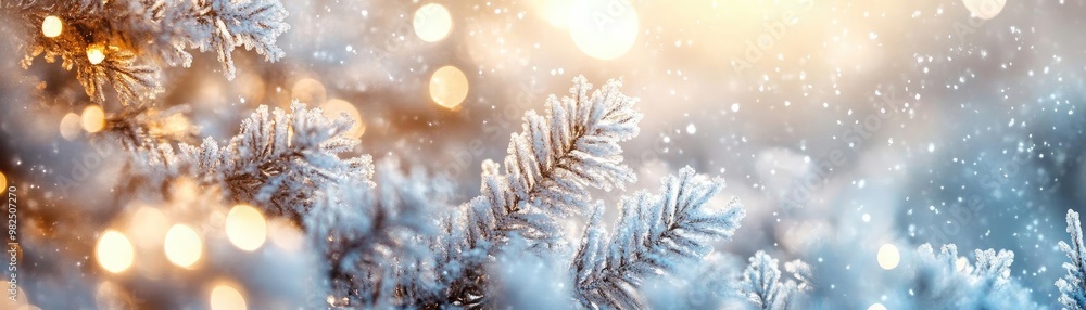 Poster a serene winter close-up with frosty branches and soft bokeh lights, perfect for capturing the magic