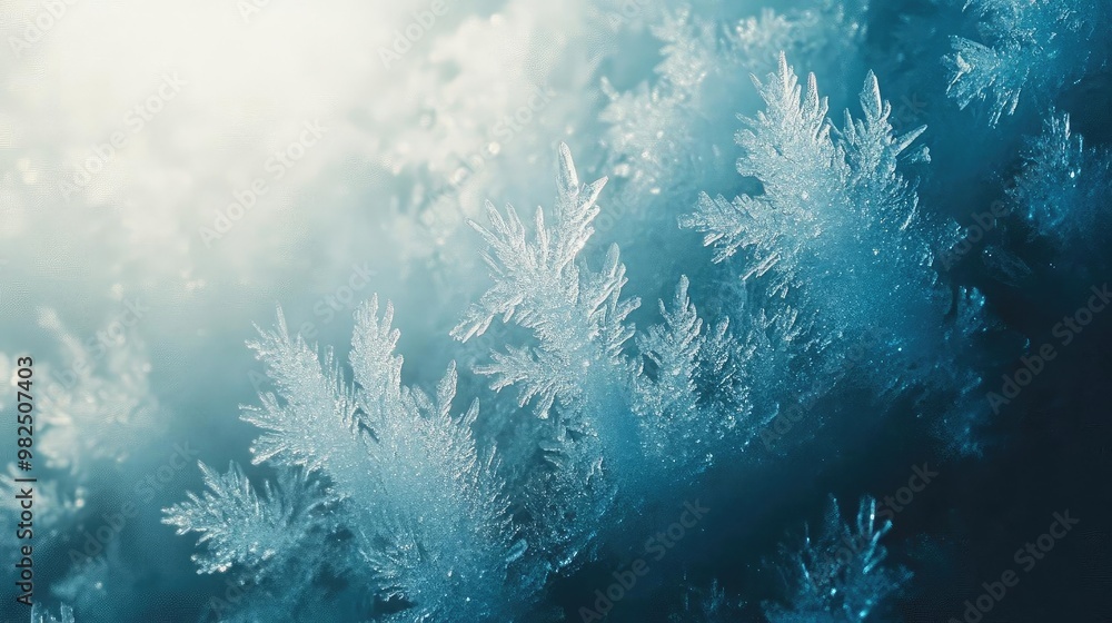 Poster Close-up of delicate frost patterns glistening in soft light, creating a serene winter atmosphere with intricate icy textures.