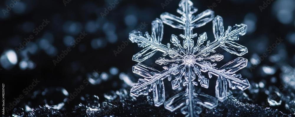 Poster a stunning close-up of a snowflake, showcasing intricate details and crystal formations against a da
