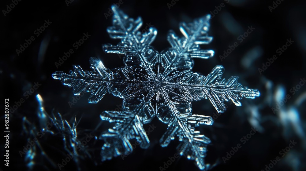 Poster Close-up view of a delicate snowflake, highlighting the intricate patterns and crystal formations against a dark background.
