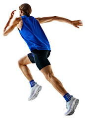 Dynamic image of man in a run, runner in motion, training isolated on transparent background. Speed...