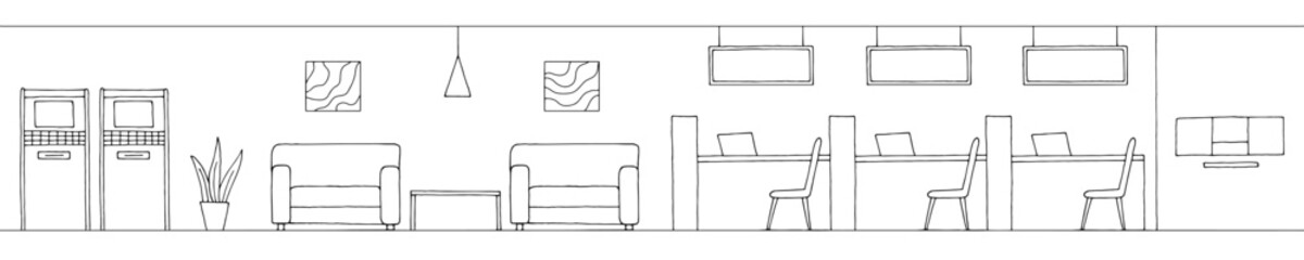 Bank interior graphic black white sketch long illustration vector 