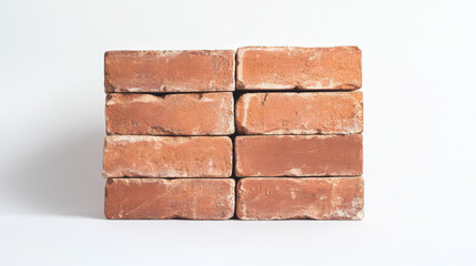 Obraz premium A neatly stacked pile of eight red bricks arranged in two rows, showcasing the rough texture of building materials against a white background. 