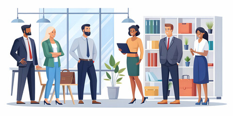 Obraz premium Flat Candid Group Discussing Retail Strategy in Modern Office - Vector Illustration of Teamwork and Strategic Marketing Collaboration