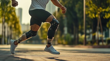 Naklejka premium A man overcoming challenges runs on a city path with advanced prosthetic legs during sunset