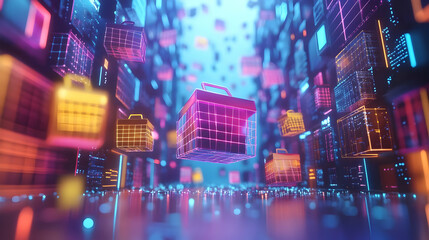 Fototapeta premium 3D Glowing Abstract Retail Art with Shopping Icons - Vibrant Digital Design for E-Commerce Promotions on Isolated White Background