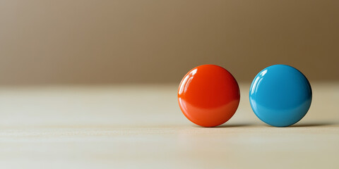 Minimalist close-up of a red and blue round button side by side on a neutral surface, symbolizing contrast or opposition.
