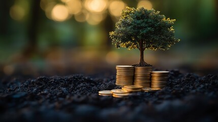 Tree Growing from Stacks of Coins on Soil
