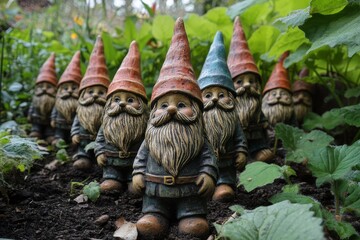 Line of Garden Gnomes in a Green Garden