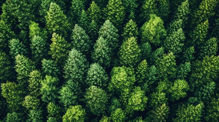 Forest aerial view in pristine condition. Fir tree tops with green nature background. Drone photo taken directly above the spot.