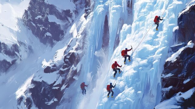 Climbers Ascending a Frozen Waterfall