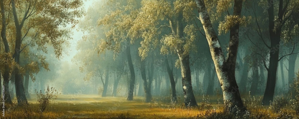 Poster a serene forest landscape showcasing vibrant trees and a soft mist, ideal for nature enthusiasts and