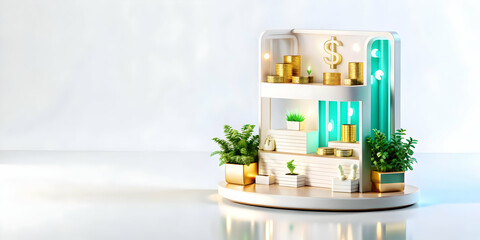 3D Glowing Abstract Finance Art with Retail Elements - Sleek Digital Design for Business Marketing, Featuring Floating Icons and Financial Symbols on White Background