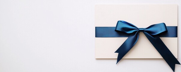 Elegant diploma with a blue ribbon bow, lying flat on a white background, clean lines and soft shadows