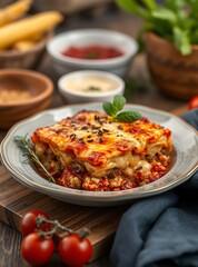 Delicious traditional Greek moussaka with beef mince, eggplant and bechamel sauce