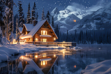 A cozy cabin nestled in the snow-covered mountains of British Columbia, Canada, with reflections on still water at night, In winter with a snowy landscape.