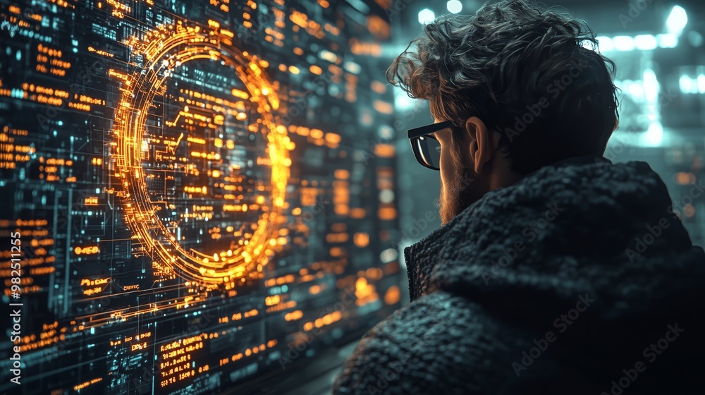 Poster futuristic user interacting with digital interface