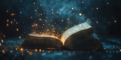 Naklejka premium A magical open book emits shimmering light and sparks, illustrating the power of imagination and storytelling in a mystical setting.