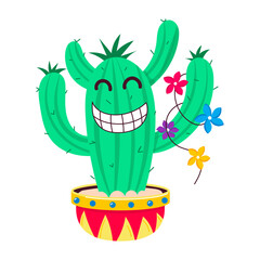 Cactus pot with smiling emoji, flat sticker 

