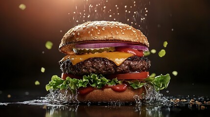 Delicious fresh burger captured in a professional studio setup with sharp details