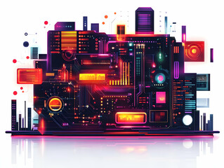 Obraz premium Flat Glowing Abstract Financial Circuit Board: Futuristic Digital Art with Financial Symbols in Modern Finance - Vector Illustration