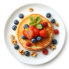 
Photo of hot pancakes with fresh blueberries, strawberries, and walnuts on a white plate, top view isolated on a white background