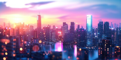 A vibrant city skyline at sunset, showcasing towering skyscrapers, warm colors, and a dramatic sky filled with clouds.