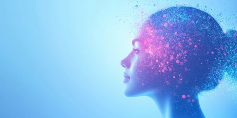 Obraz premium A vibrant portrayal of a woman's silhouette, blending colors and particles to represent creativity and imagination.
