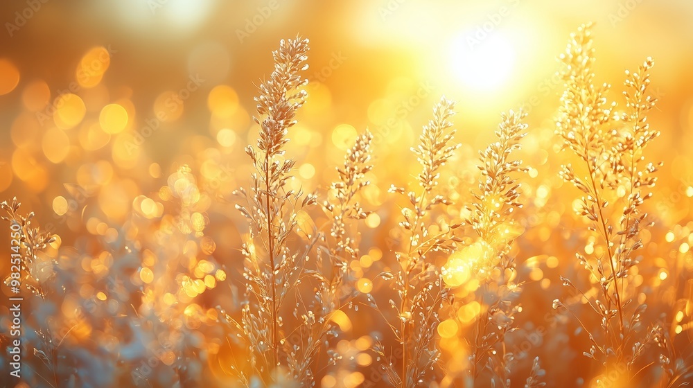 Poster sunlit grass field with soft glow and bokeh effect