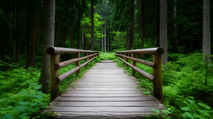 Obraz premium Path in a Pine Forest Leading to a Wooden Bridge | Serene Nature Trail and Scenic Walkway
