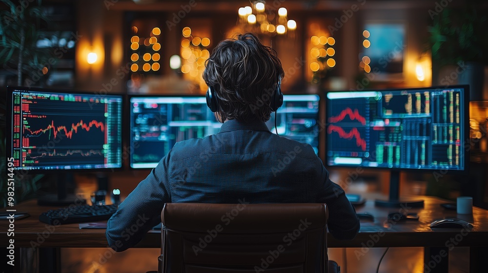 Poster trader analyzing financial data on multiple screens