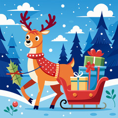 A cheerful reindeer pulls a sleigh full of presents through a snowy winter wonderland, perfect for adding a festive touch to your holiday designs.