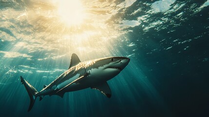 Obraz premium white shark swimming on the surface of the water with sunlight penetrating the surface of the water