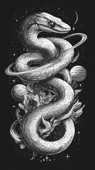 Obraz premium A black and white illustration of a snake coiled around planets in a space background.