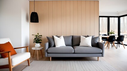 Fototapeta premium cozy living room with a minimalist design. The layout features a grey sofa with white and grey pillows against a light wooden wall.