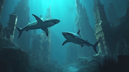 Two majestic sharks swim gracefully through a mysterious underwater landscape, surrounded by shadows and remnants of ancient ruins.