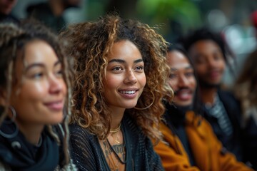 Fototapeta premium Smiling Woman with Curly Hair and Friends