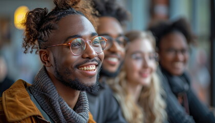 Fototapeta premium Smiling man with glasses and friends