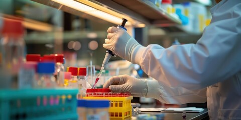 A close-up of a scientist hands using a pipette in a lab