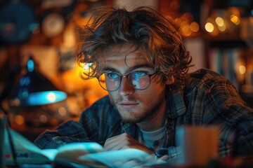 Fototapeta premium Young man studying at night with a book