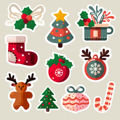 cute flat isoalted set of stickers with christmas decorations. vector simple colorful sticker pack