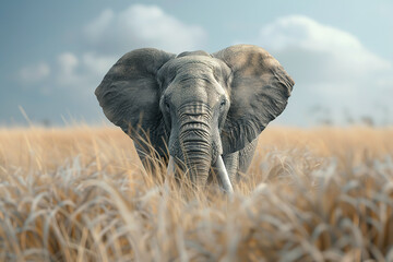 Naklejka premium A majestic African elephant with long tusks stands tall in a golden savanna, its wrinkled skin and wise eyes conveying its power and wisdom. Wildlife Animals.