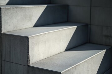 Abstract concrete steps highlighted by sunlight and shadows, showcasing modern minimalist architecture.