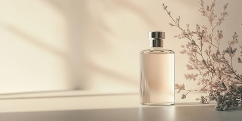 Elegant perfume bottle with soft shadows, complemented by delicate floral accents, perfect for beauty and lifestyle themes.