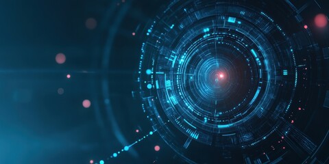 Obraz premium Futuristic digital interface with glowing blue elements and circular patterns, representing technology and data visualization.